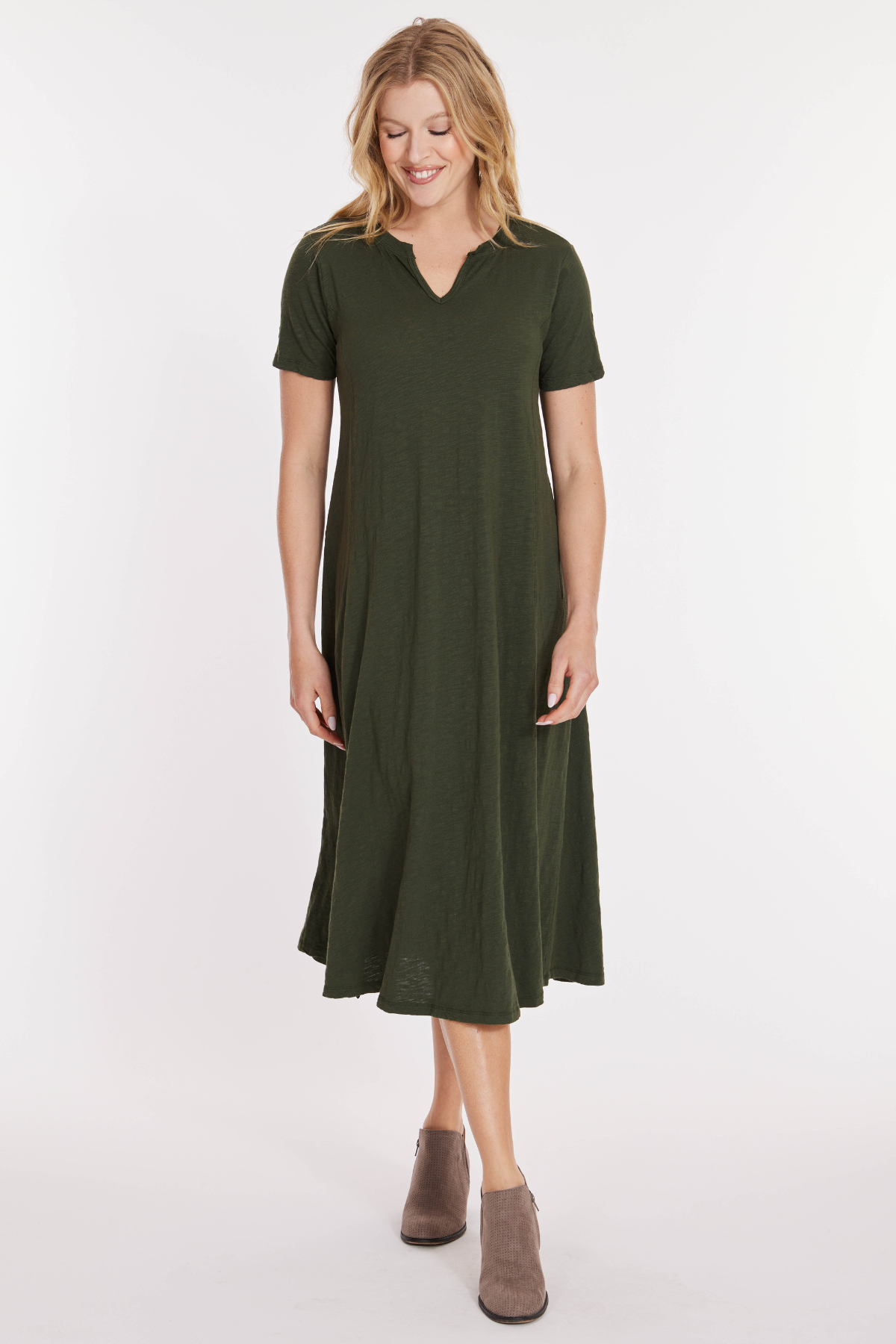 ワンピース Crepe Wide Neck Classic Dress Half Sleeve Split Neck Long Dress w/ One Side Front Slit