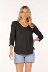 3/4 Sleeve V-Neck Tee w/ curve hem