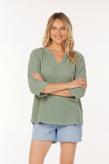 3/4 Sleeve Split Neck Tee