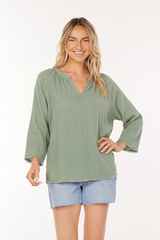 3/4 Sleeve Split Neck Tee