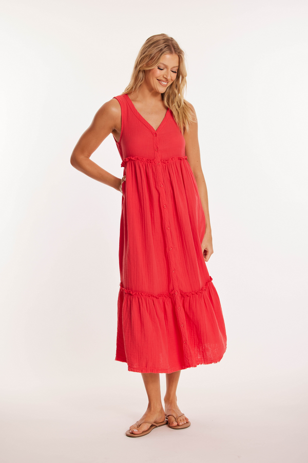 Button Front Tiered Midi Tank Dress