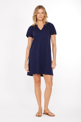 S/S Shirred Split Neck Dress