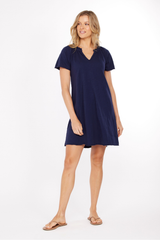 S/S Shirred Split Neck Dress