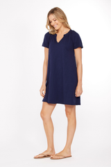 S/S Shirred Split Neck Dress