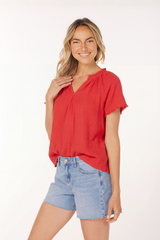 S/S Split Ruffle Neck Top