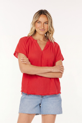 S/S Split Ruffle Neck Top