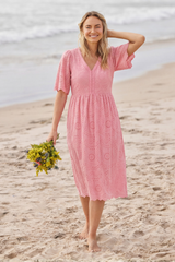 Flowy Elbow Sleeves Midi Lace Dress