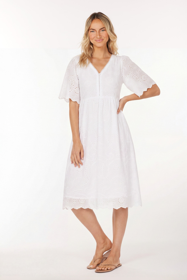 Flowy Elbow Sleeves Midi Lace Dress White / L