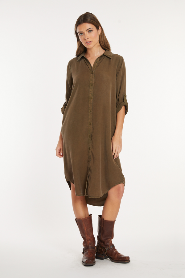 Roll-Up Sleeve Midi Shirt Dress