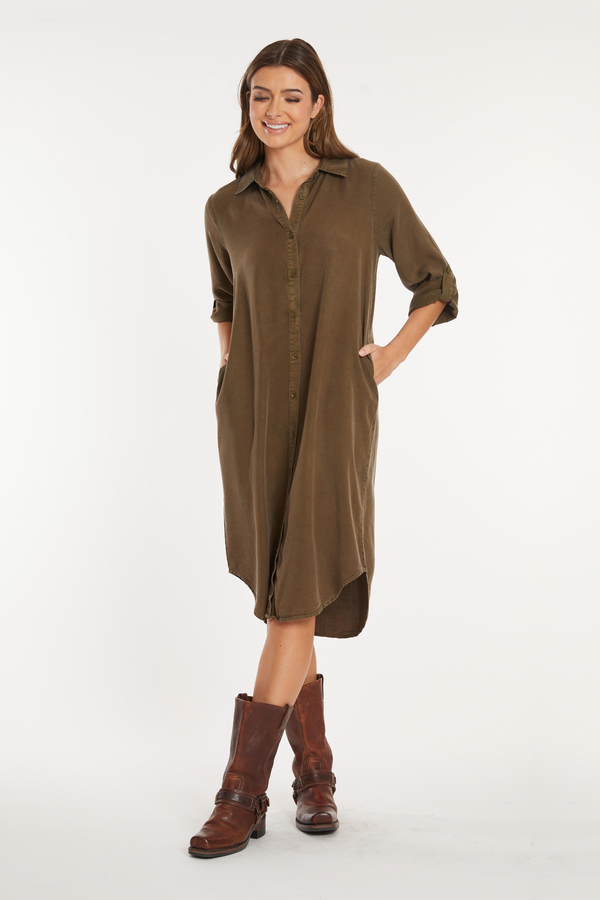 Roll-Up Sleeve Midi Shirt Dress