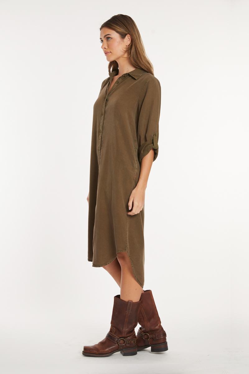 Roll-Up Sleeve Midi Shirt Dress