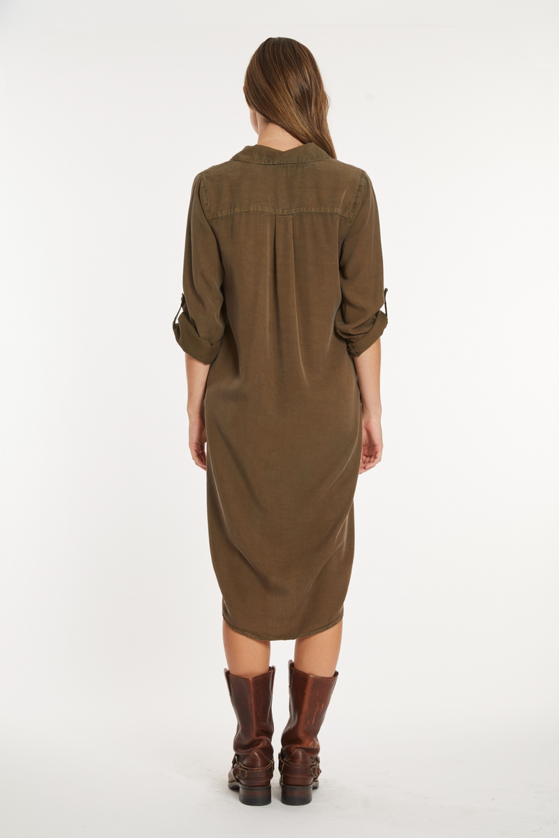 Roll-Up Sleeve Midi Shirt Dress