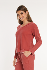 L/S Open V-Neck Waffle Top