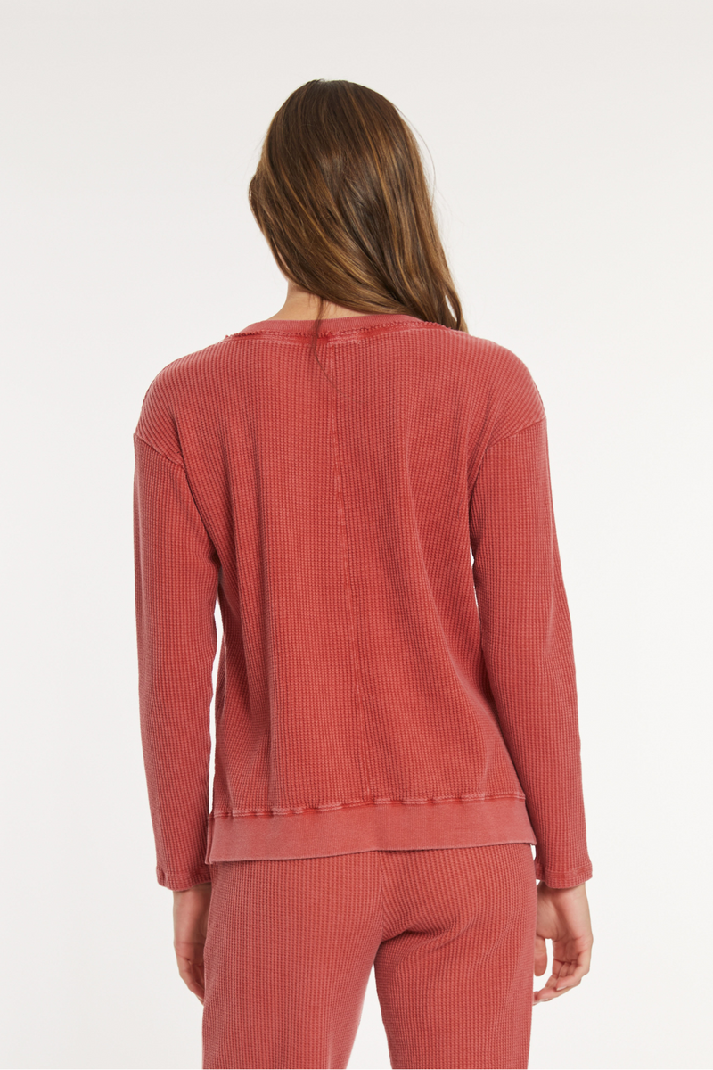 L/S Open V-Neck Waffle Top