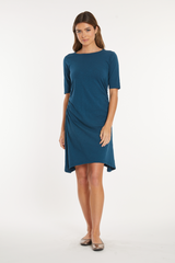 Elbow Sleeve Below-the-Knee Shirred Dress