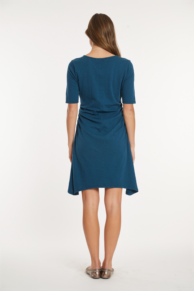Elbow Sleeve Below-the-Knee Shirred Dress FANTA-SEA / XL by mododoc / / adult Elbow Sleeve Below-the-Knee Shirred Dress FANTA-SEA / XL by mododoc / / adult