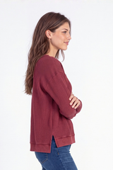 L/S Open V-Neck Waffle Top