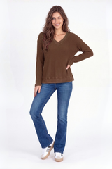 L/S Open V-Neck Waffle Top