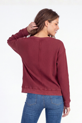 L/S Open V-Neck Waffle Top