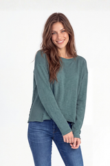 L/S Waffle Mix Jewel Neck Top
