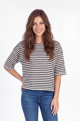 Elbow Sleeve Boatneck Crop Top