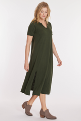 Half Sleeve Split Neck Long Dress w/ One Side Front Slit