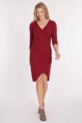 3/4 Sleeve Faux Wrap Below-the-Knee Dress