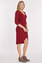 3/4 Sleeve Faux Wrap Below-the-Knee Dress