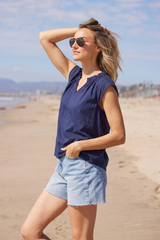 Cap Sleeve Ruffle Neck Shirred Top