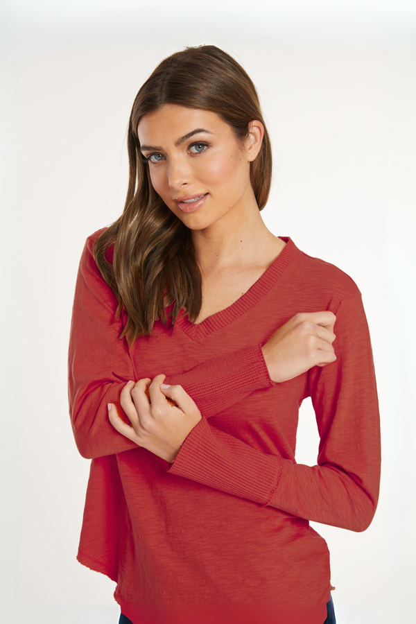 L/S Waffle Mix V-Neck Top