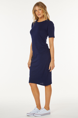 Short Sleeve Gathered Sideseam Midi Dress