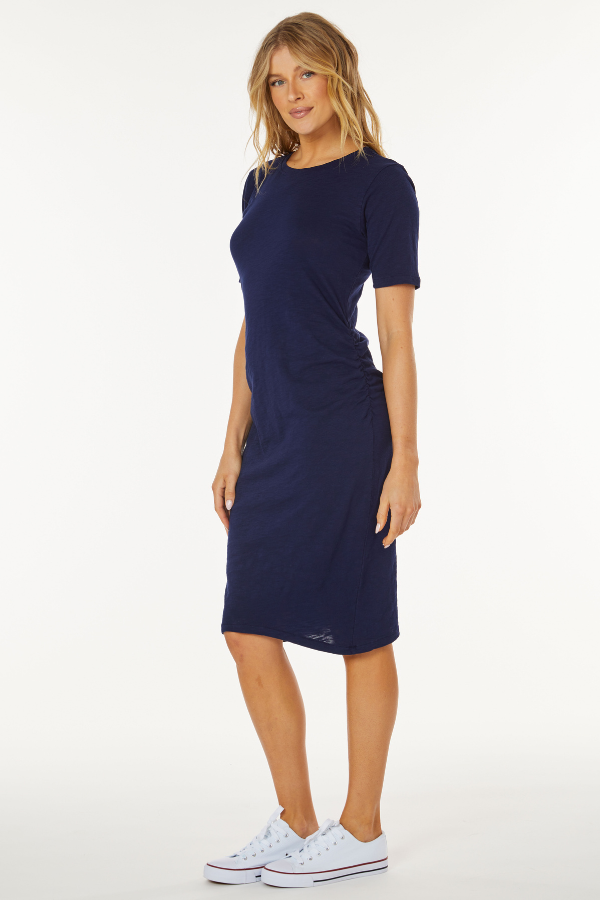 Short Sleeve Gathered Sideseam Midi Dress Navy Licorice / L by mododoc / / Adult Short Sleeve Gathered Sideseam Midi Dress Navy Licorice / L by mododoc / / Adult