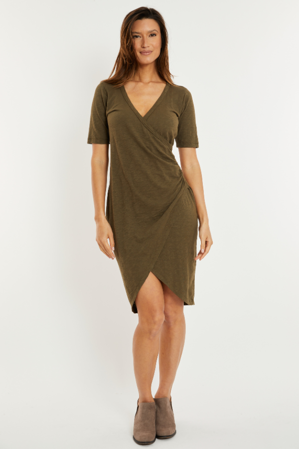 Half Sleeve Faux Wrap Below-the-Knee Dress WARM WINE / XL