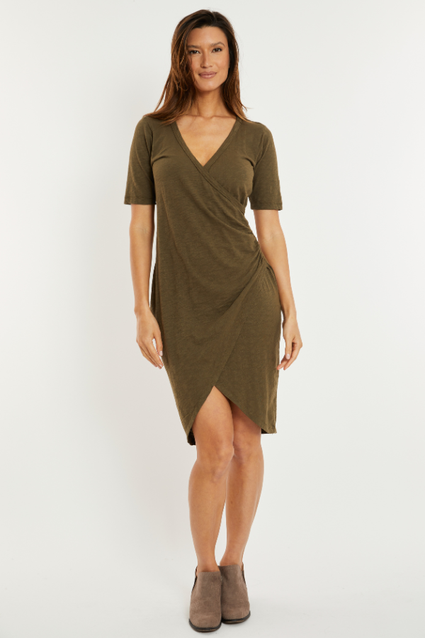 Half Sleeve Faux Wrap Below-the-Knee Dress