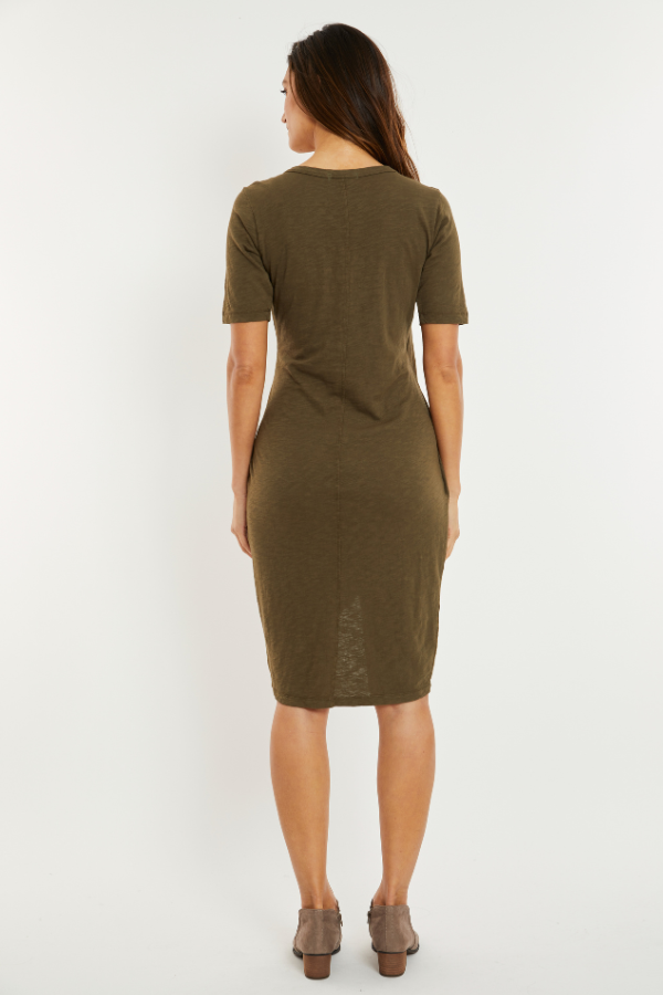 Half Sleeve Faux Wrap Below-the-Knee Dress