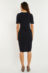 Half Sleeve Faux Wrap Below-the-Knee Dress